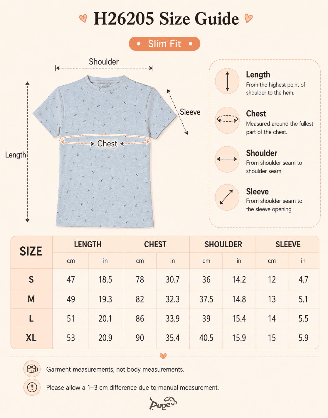 H26205 slim fit pet parent shirt size guide showing length, chest, shoulder, and sleeve measurements for the owner top in a matching dog and owner outfit collection.