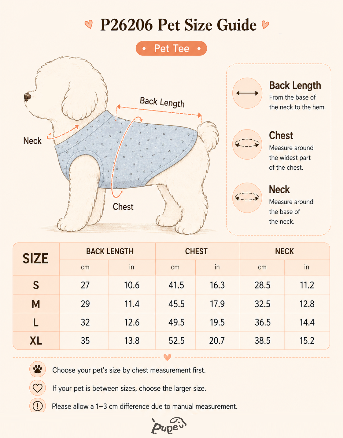 P26206 pet tee size guide showing back length, chest, and neck measurements for small dog apparel and comfortable pet clothing.