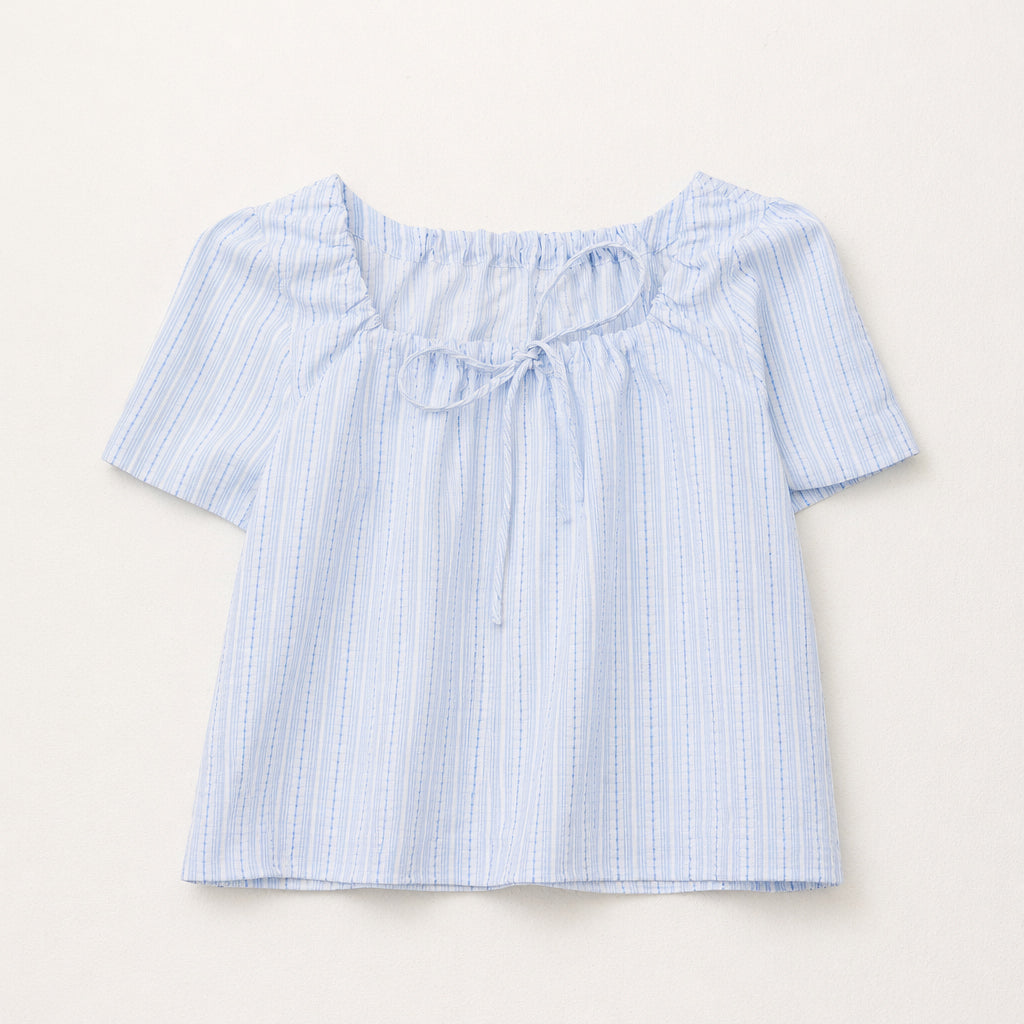 Flat lay of a light blue striped cropped pet parent blouse with short sleeves and a front tie neckline, designed as the owner top for a matching pet and owner outfit collection.