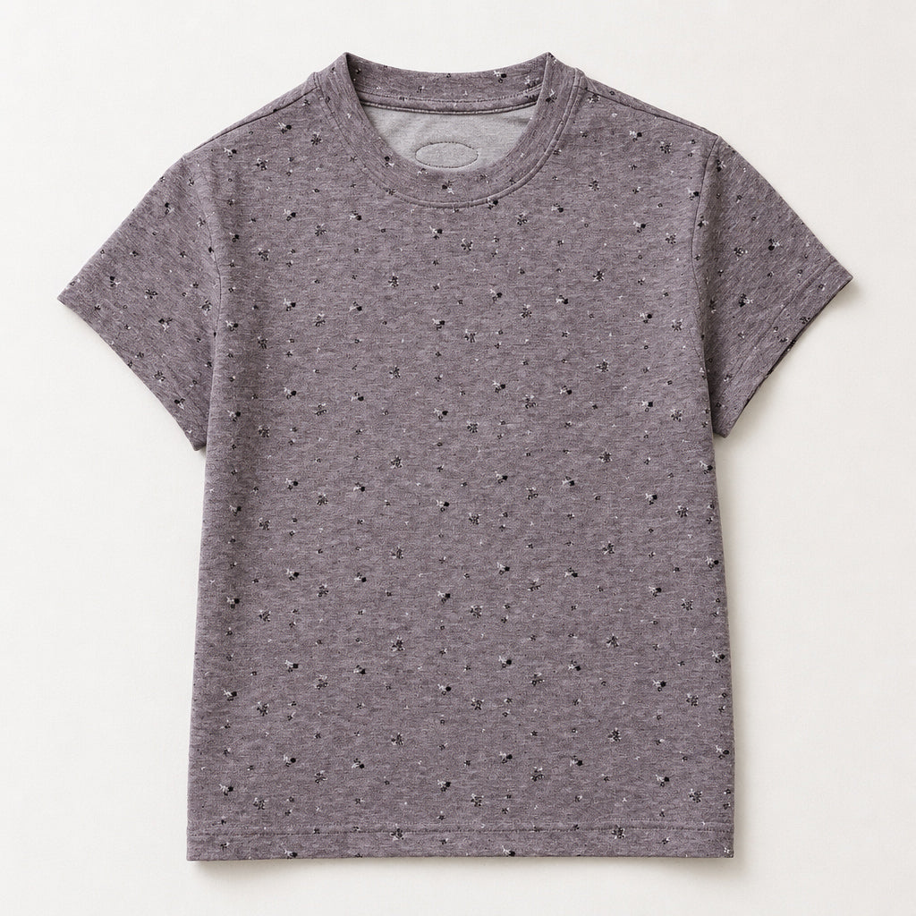 Flat lay of a gray speckled short sleeve pet parent tee with a crew neck, designed as the owner top for matching pet and owner apparel.
