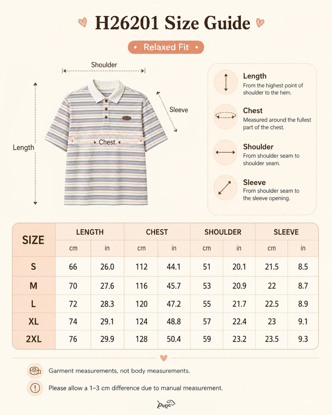 H26201 relaxed fit pet parent polo size guide showing length, chest, shoulder, and sleeve measurements for a striped owner shirt in a matching dog and owner outfit collection.