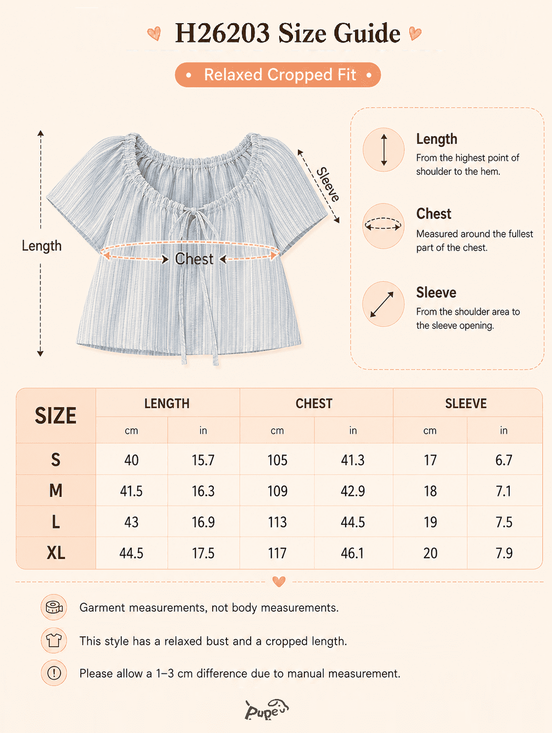 H26203 relaxed cropped pet parent top size guide showing length, chest, and sleeve measurements for the owner shirt in a matching pet and owner apparel collection.