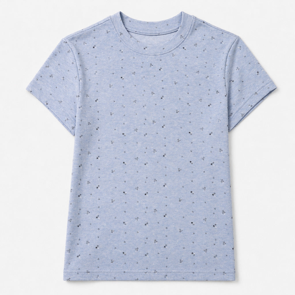 Flat lay of a light blue speckled short sleeve pet parent tee with a crew neck, designed as the owner top for matching pet and owner apparel.
