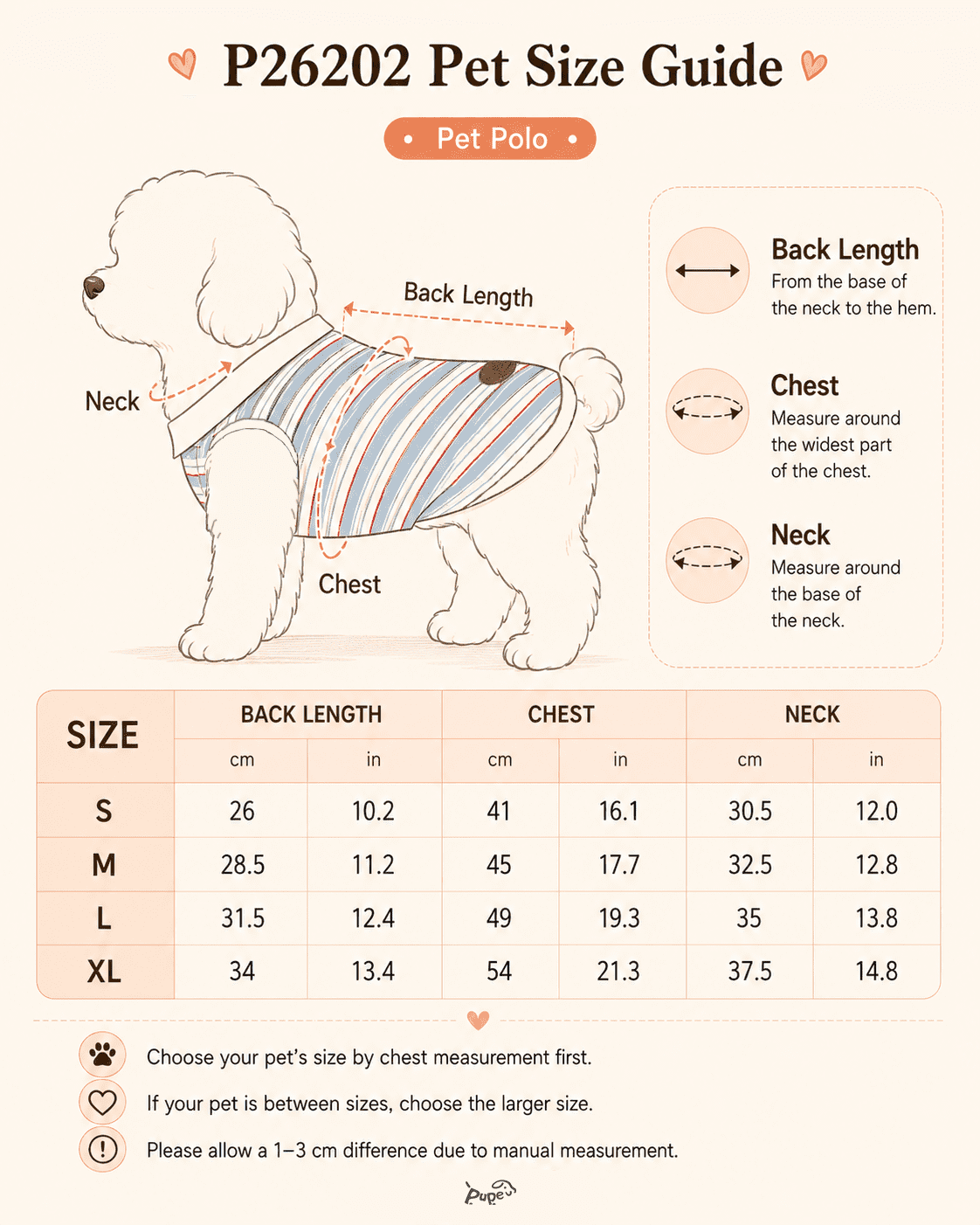 P26202 pet polo size guide showing back length, chest, and neck measurements for a striped dog polo shirt and small dog clothing fit reference.