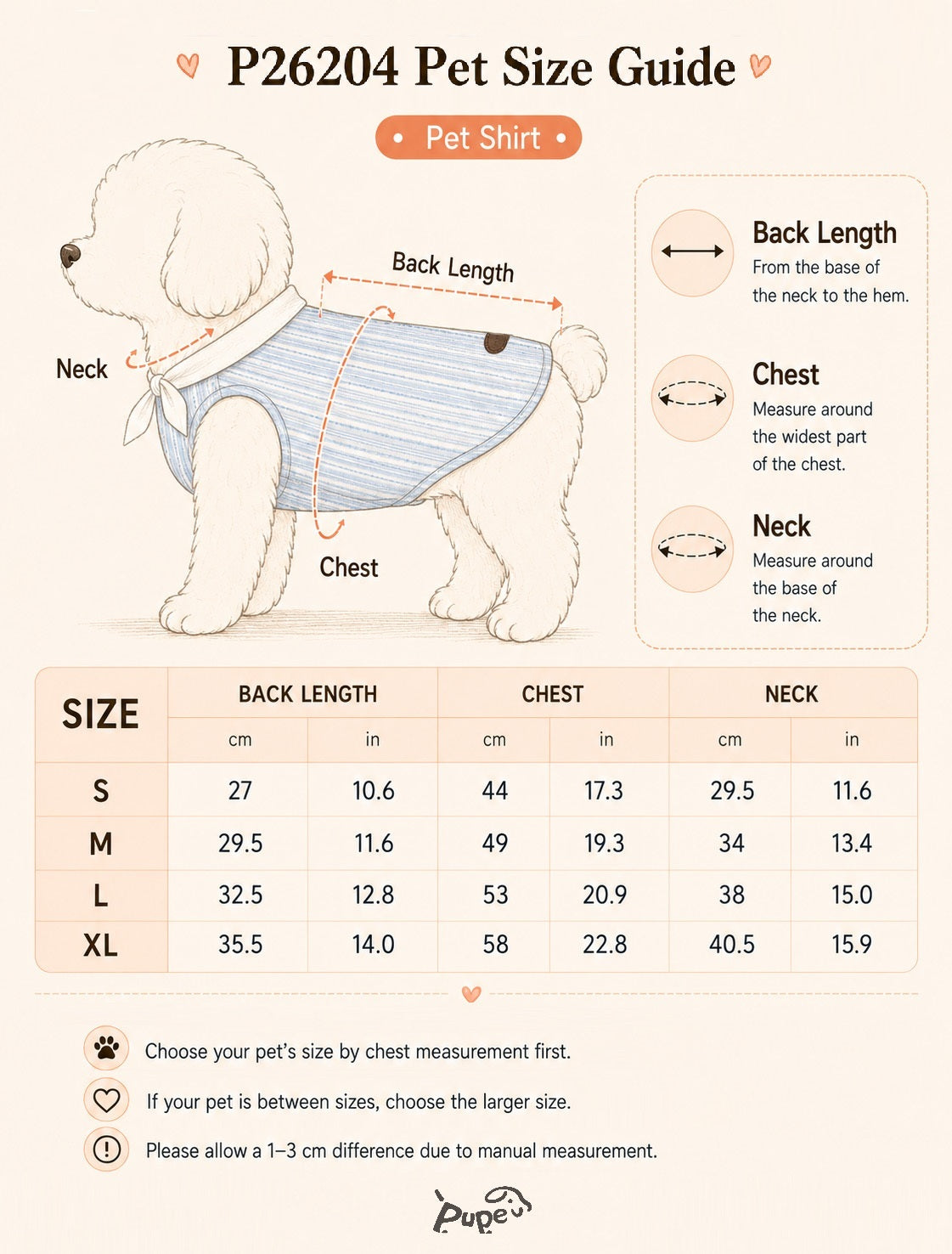 P26204 pet shirt size guide showing back length, chest, and neck measurements for a light blue striped dog shirt, small dog clothes, and matching pet clothing.