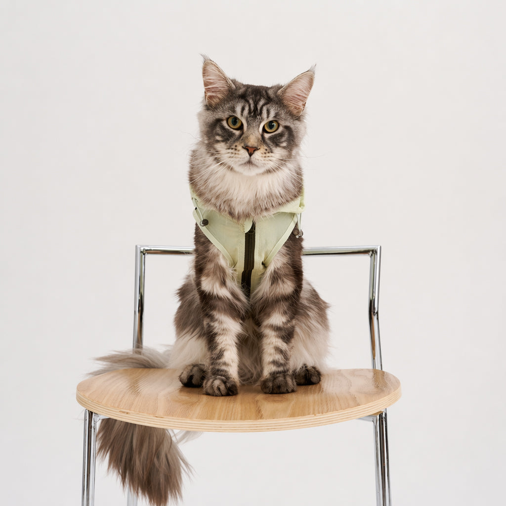Long-haired tabby cat sitting on a chair in a pale green cat sun jacket, featuring lightweight cat apparel and breathable pet clothing for warm-weather comfort.