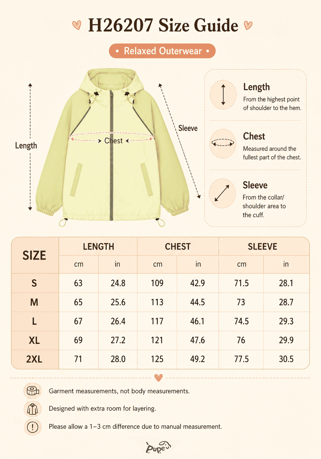Sun protection jacket size guide showing length, chest, and sleeve measurements for the pet parent jacket in a matching dog and owner outfit collection.