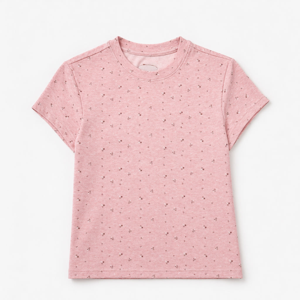 Flat lay of a pink speckled short sleeve pet parent tee with a crew neck, designed as the owner top for matching pet and owner apparel.

