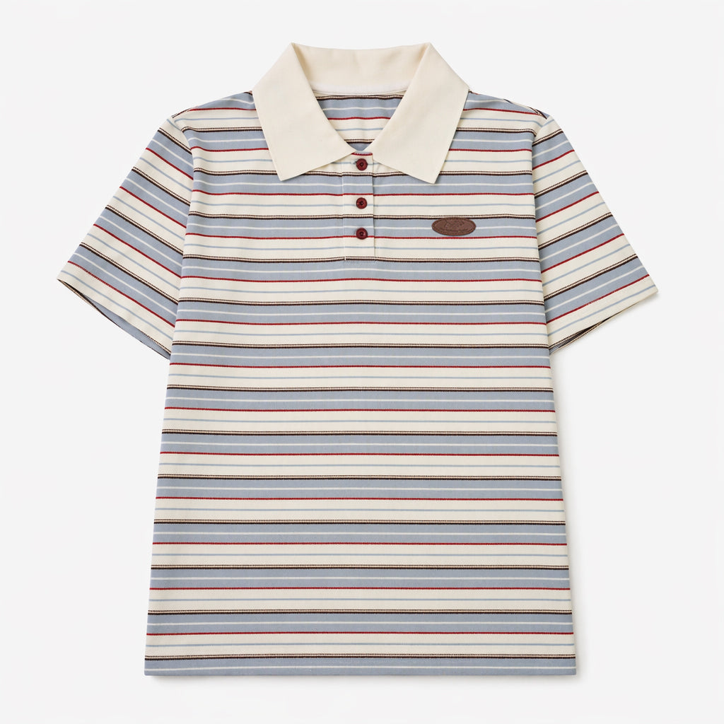 Flat lay striped short sleeve polo shirt with a cream collar, button placket, and logo patch, featuring casual pet parent apparel for everyday matching outfit styling.