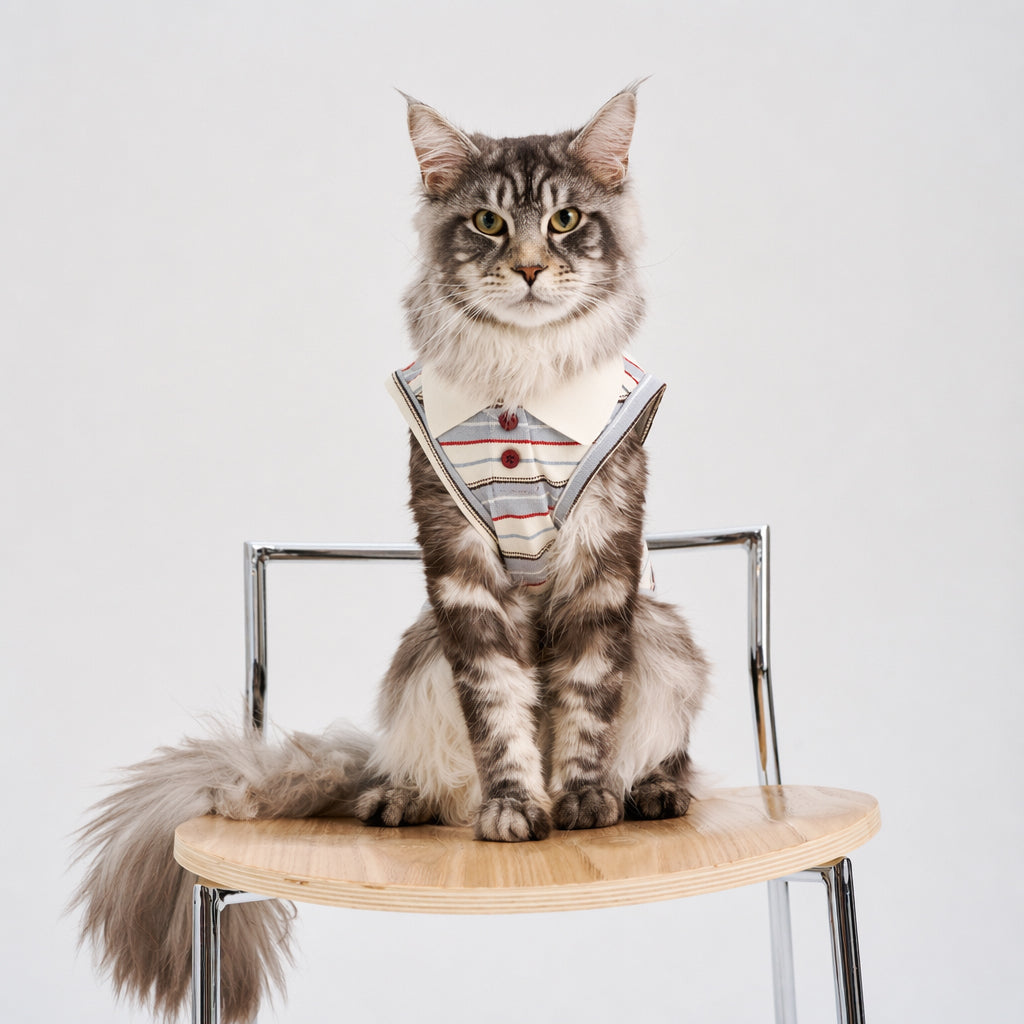 Long-haired tabby cat sitting on a wooden chair wearing a striped sleeveless cat polo shirt with a white collar and button detail, featuring casual cat apparel and pet clothing.